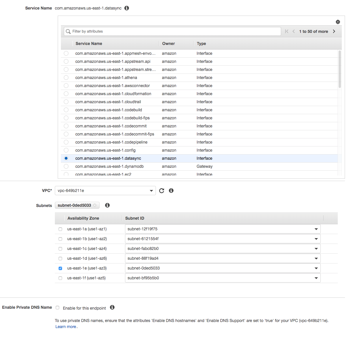 Create a VPC endpoint for DataSync Service
