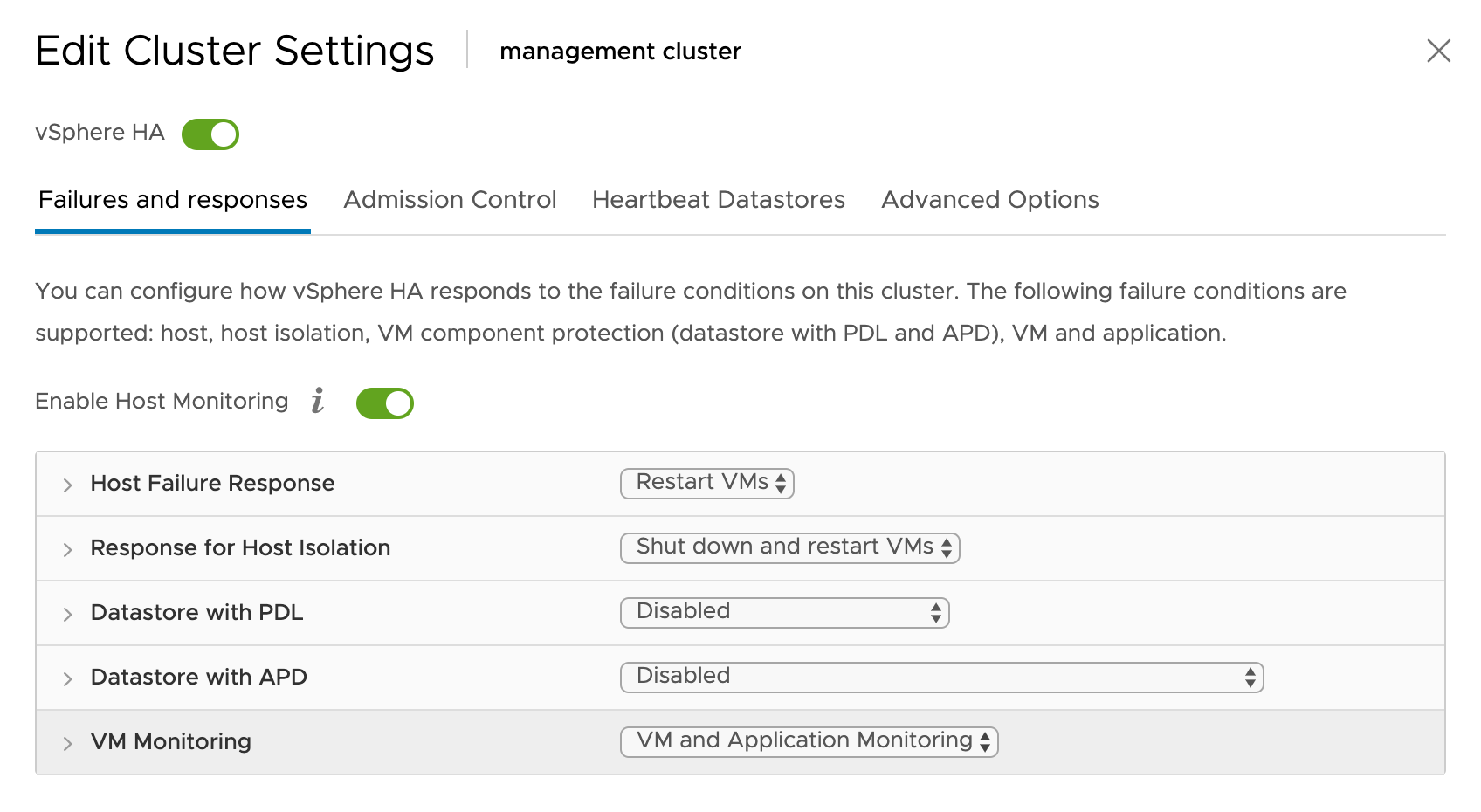 “Edit Cluster Settings” dialog box, select the “Failures and responses” tab to configure how vSphere will respond to VM failures.