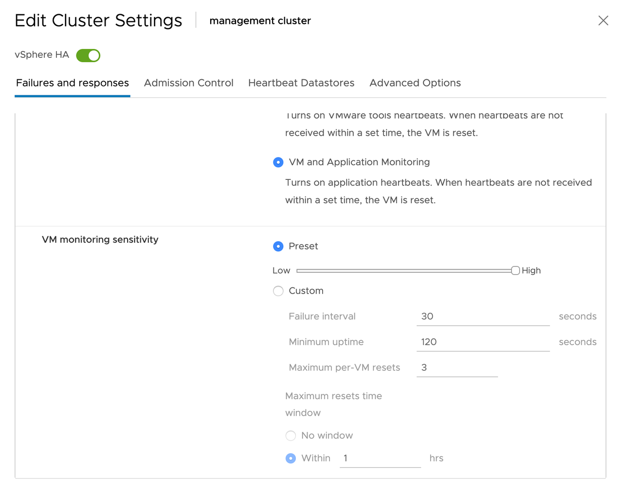expand the VM Monitoring section to configure monitoring sensitivity