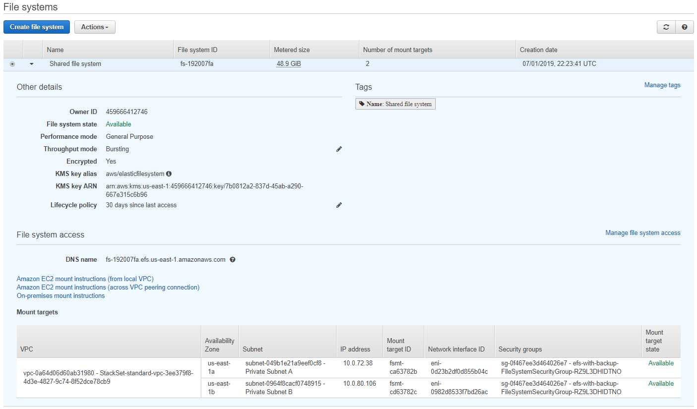 After stack creation - navigate to EFS console to view results