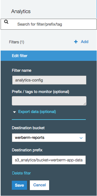 Analytics configuration with destination bucket and destination prefix
