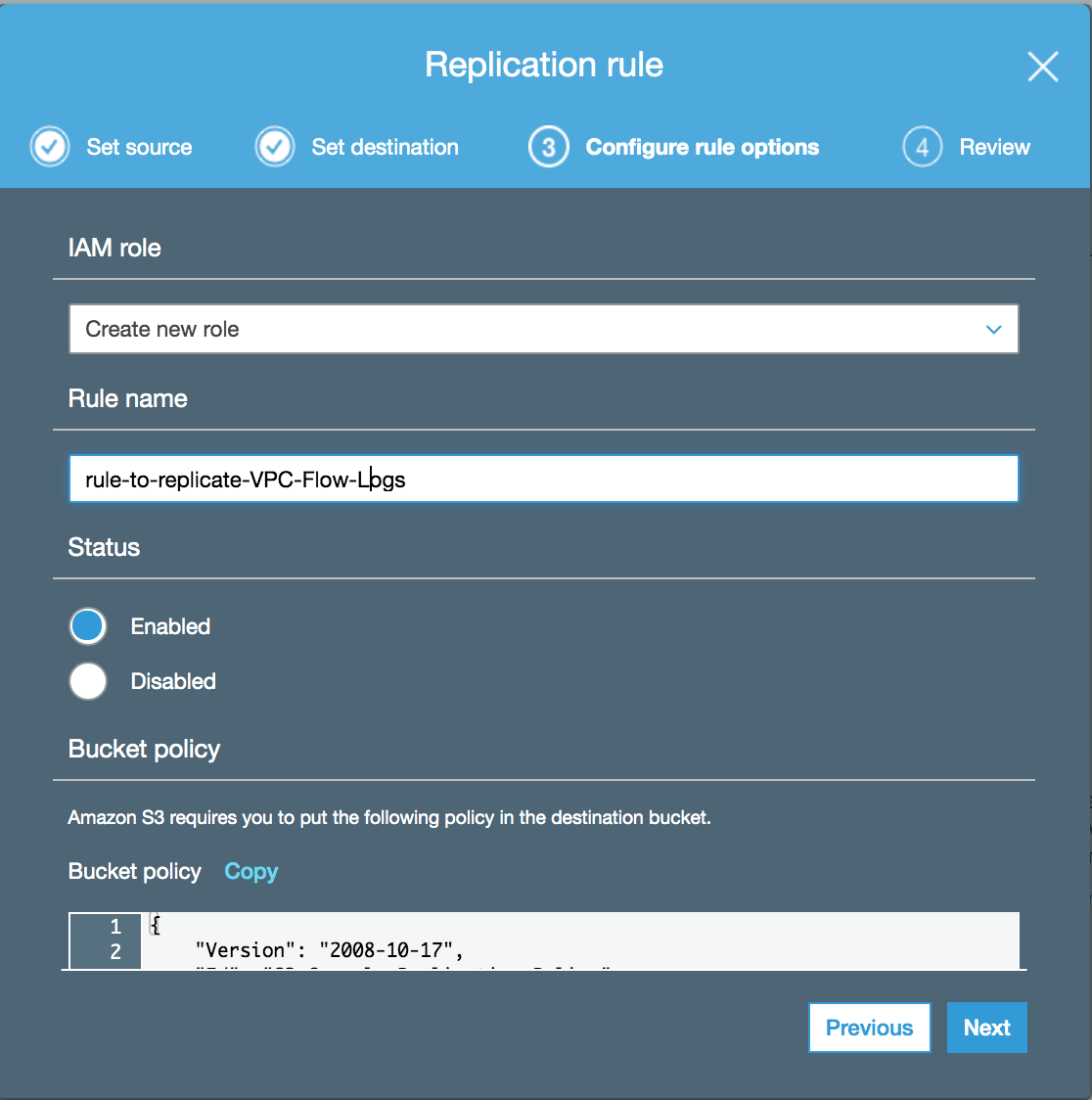 Choose create new role and provide the Rule name