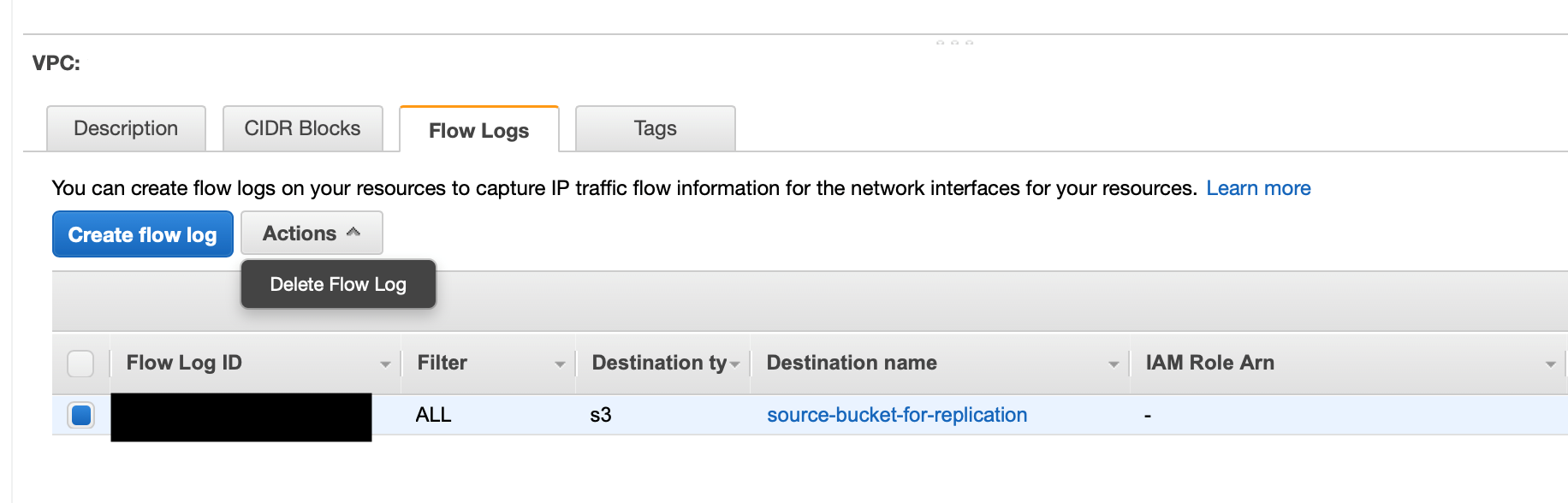 In both Account A and Account B, delete the enabled VPC Flow Logs. Here is an example of deleting VPC Flow Logs from Account A.