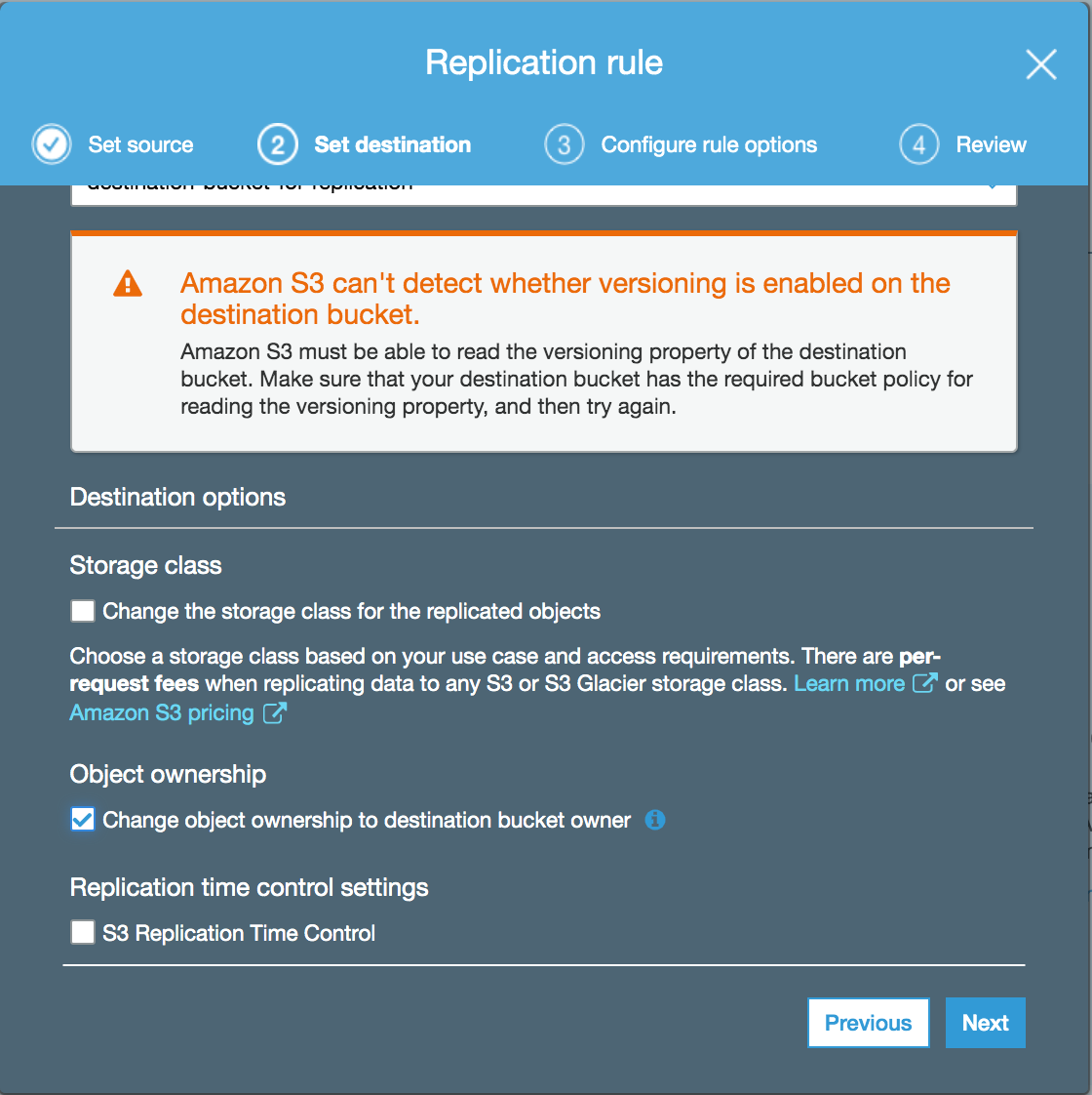 Select the options for destination bucket objects appropriately and choose Next.