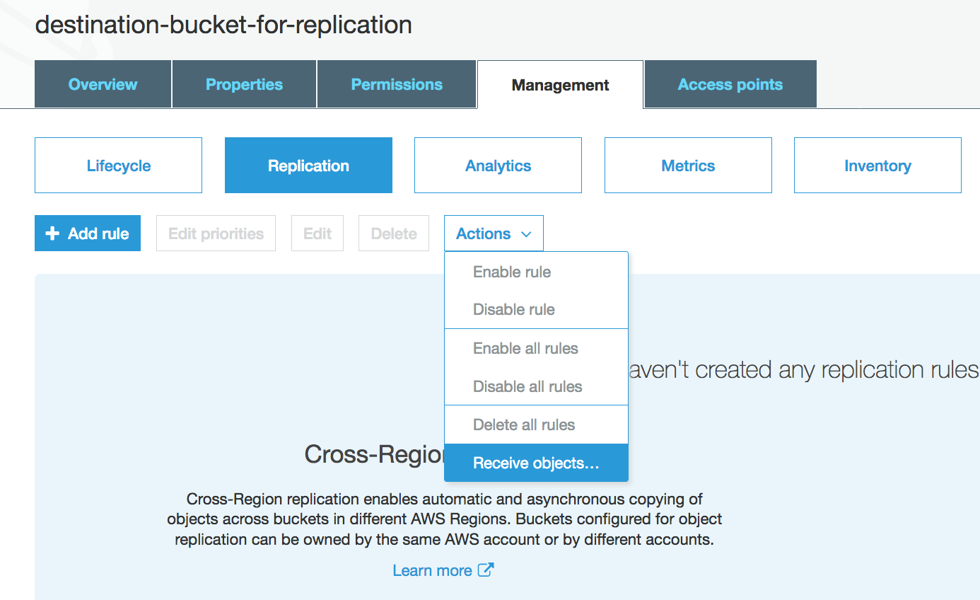 Under the Management tab, choose Replication and drop down the Actions button. Select Receive Objects from the menu.