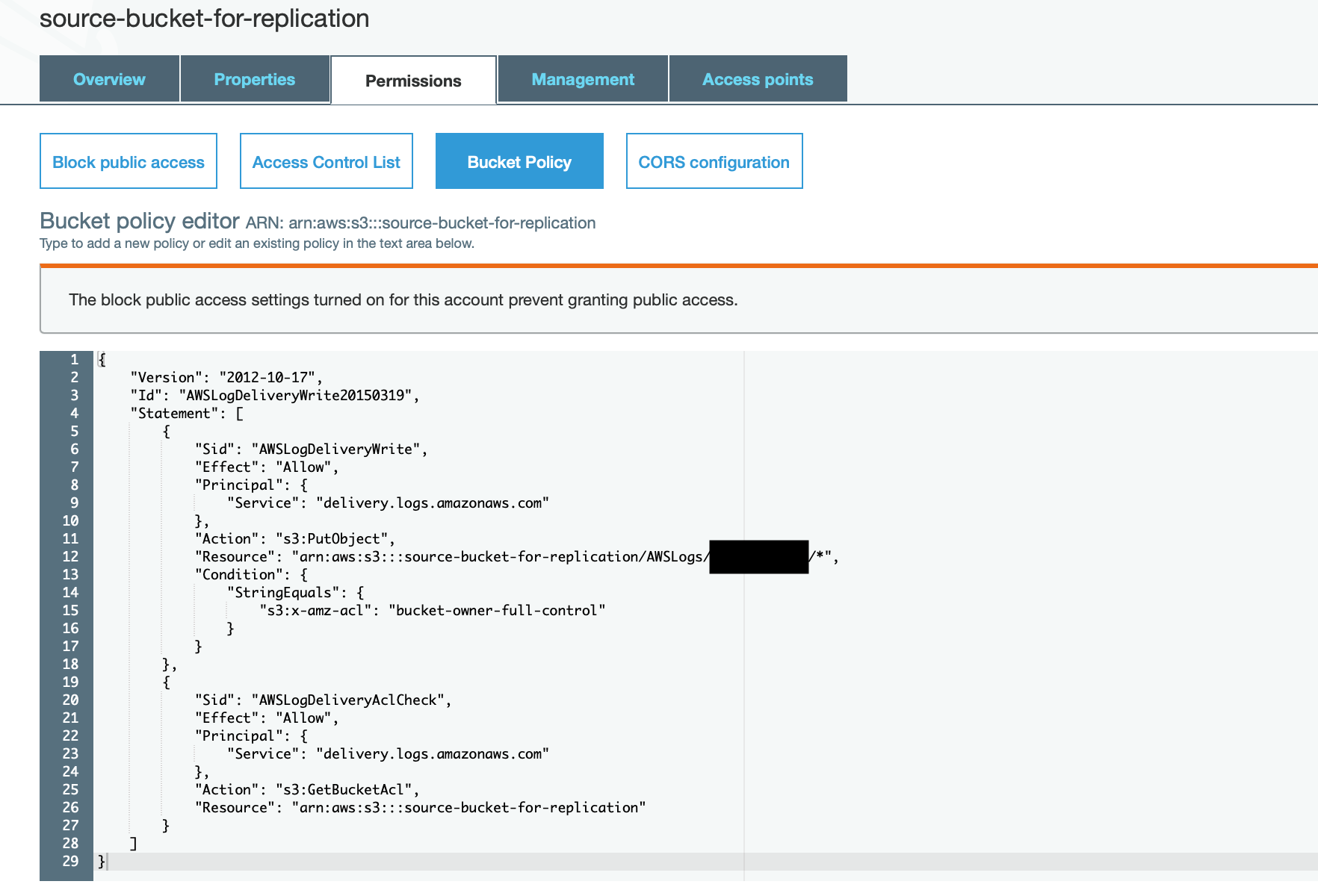 Verify the bucket policy from the Permissions tab