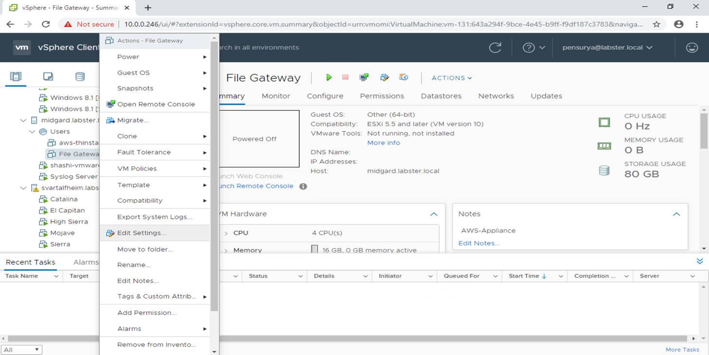 Figure 12. Selecting Edit Settings for creating a new VM disk