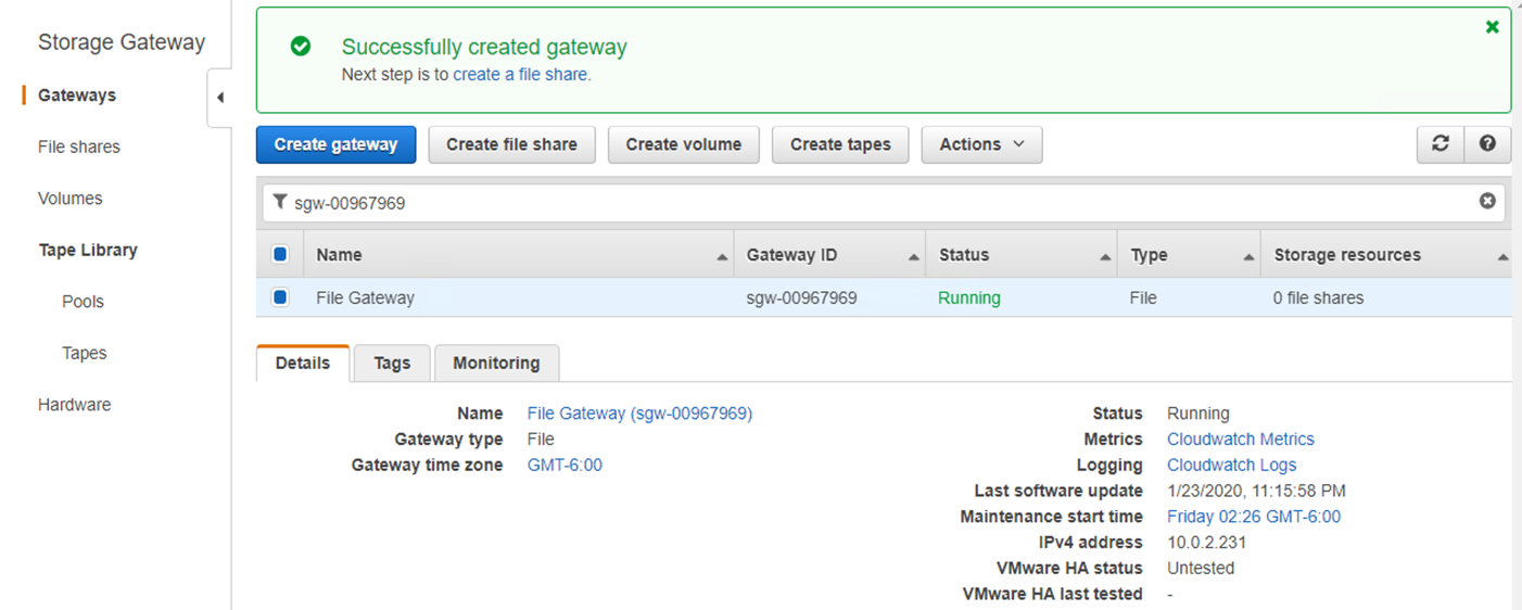 Figure 26. Successfully created gateway