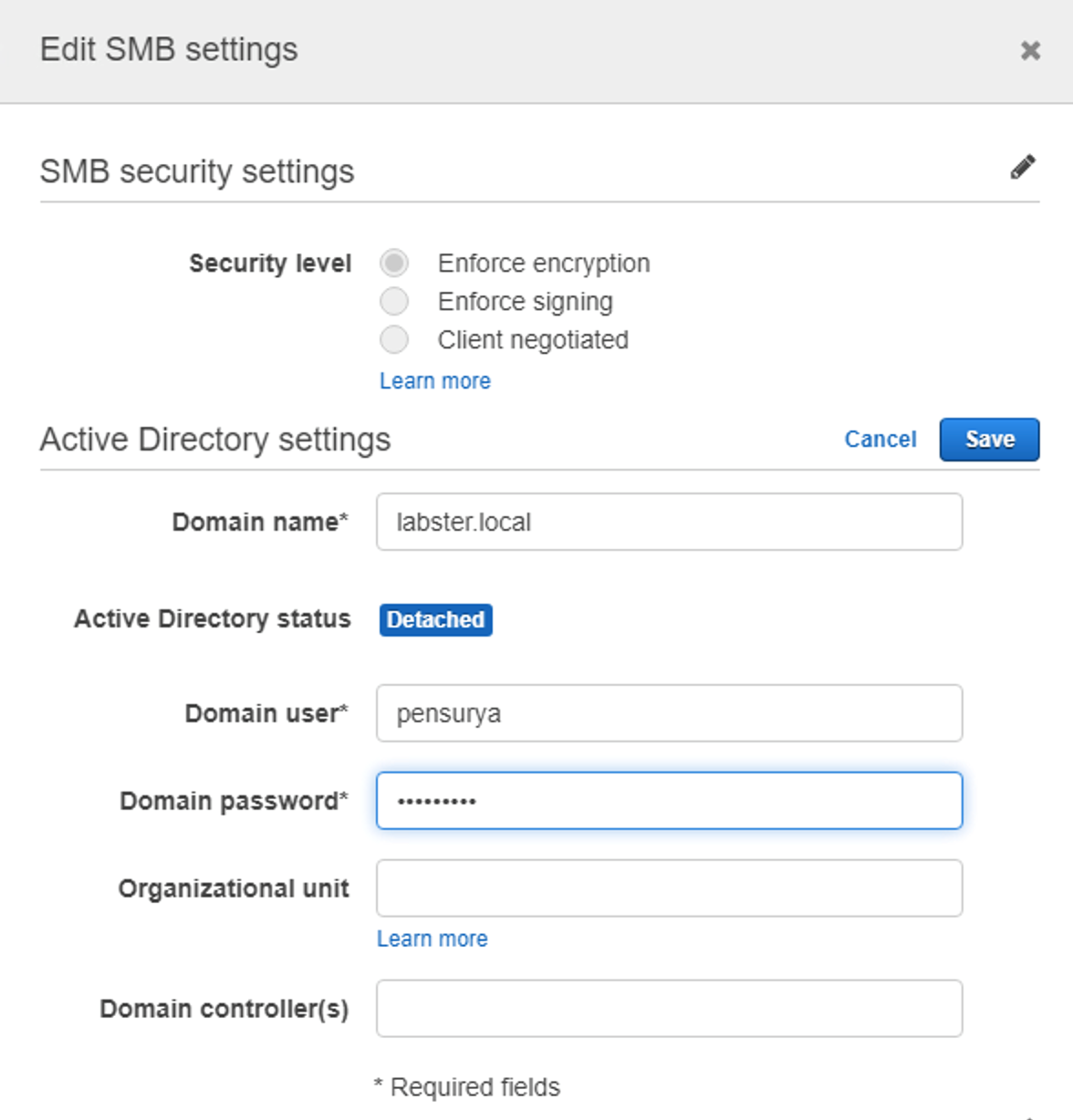 Figure 27. Editing SMB settings to join domain