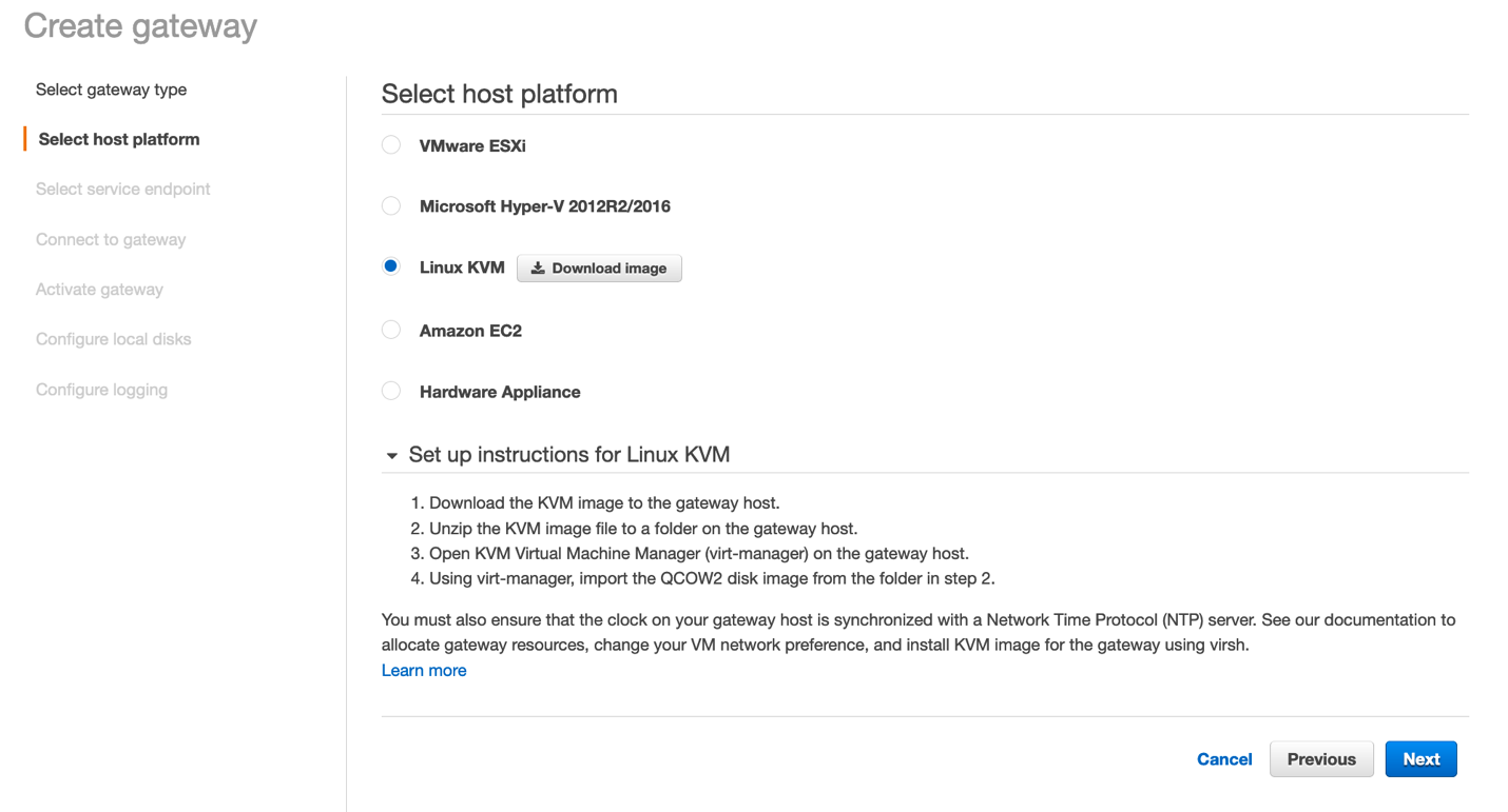 Next, you see the Select host platform screen. Choose the Linux KVM option and click on the Download image button to download the KVM image for Storage Gateway.