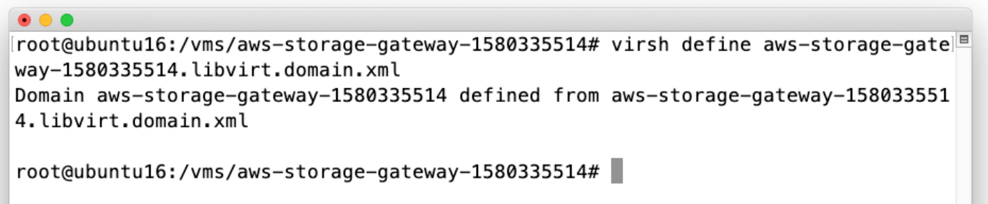 The following screenshot shows how you can use the included domain XML file to define your Storage Gateway VM.