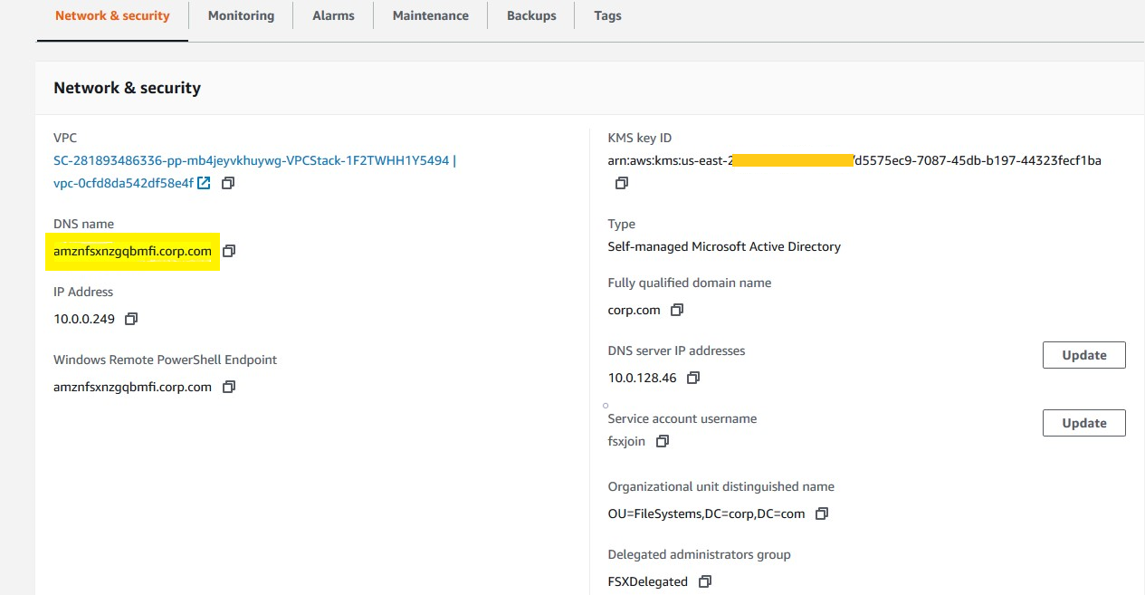 After the file ysstem is created, verify that it is part of the self-managed Active Directory by opening the Network & Security tab
