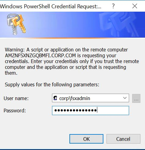 The New-SmbShare cmdlet prompts for credentials with permissions to administer the Amazon FSx file system