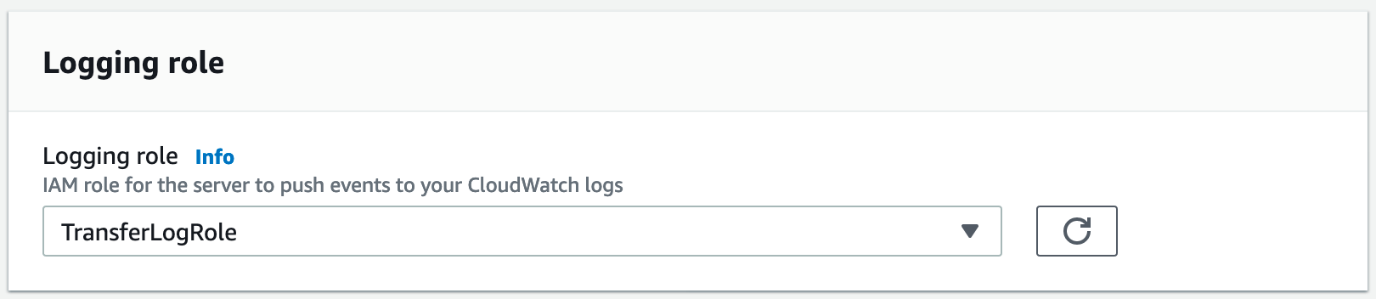 When you get to the “Create an SFTP Server” step, configure the logging role to make sure that the service sends the logs to a CloudWatch Logs stream.