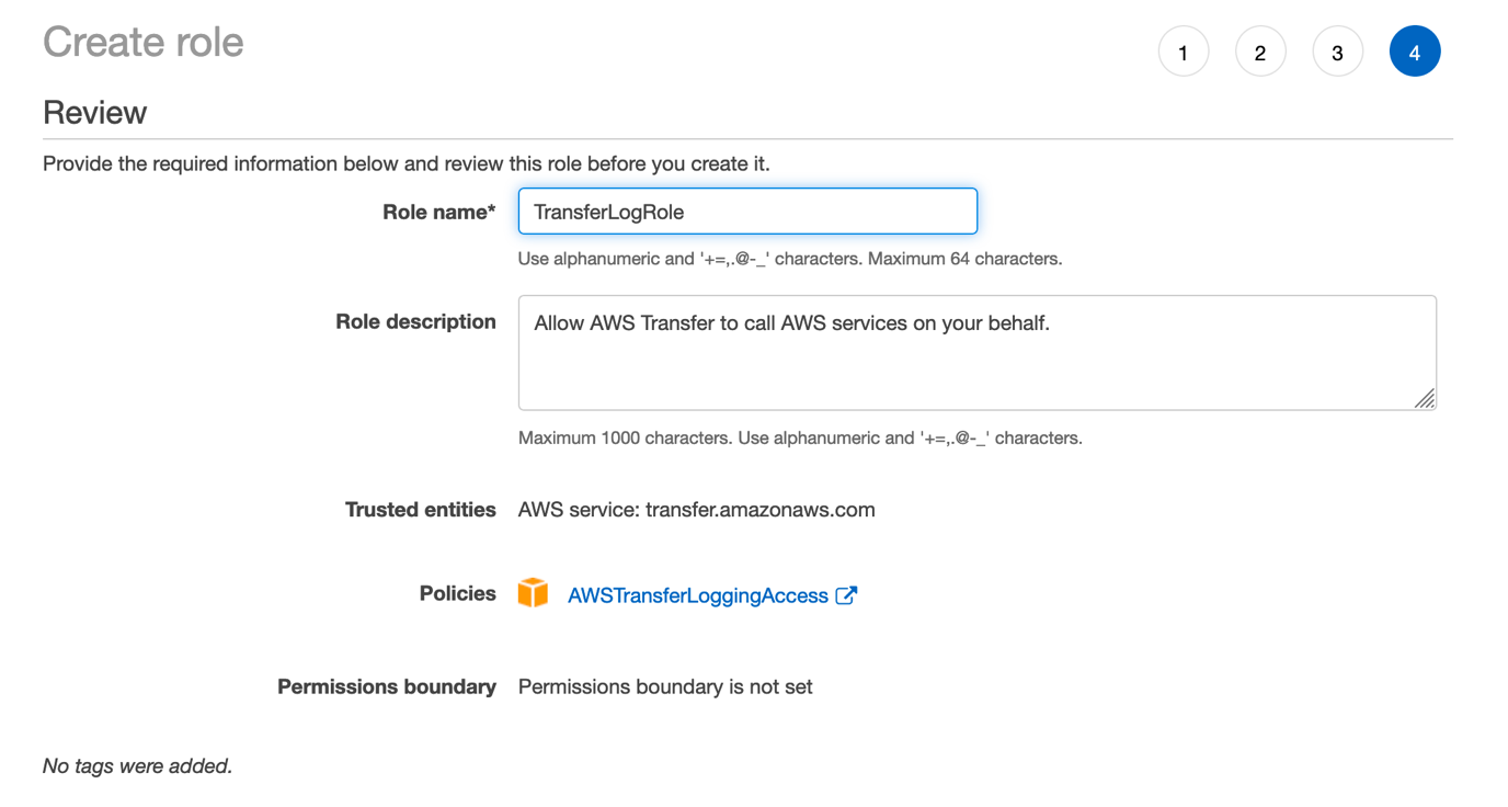 You can create your own policy from scratch or use the AWS managed policy AWSTransferLoggingAcess