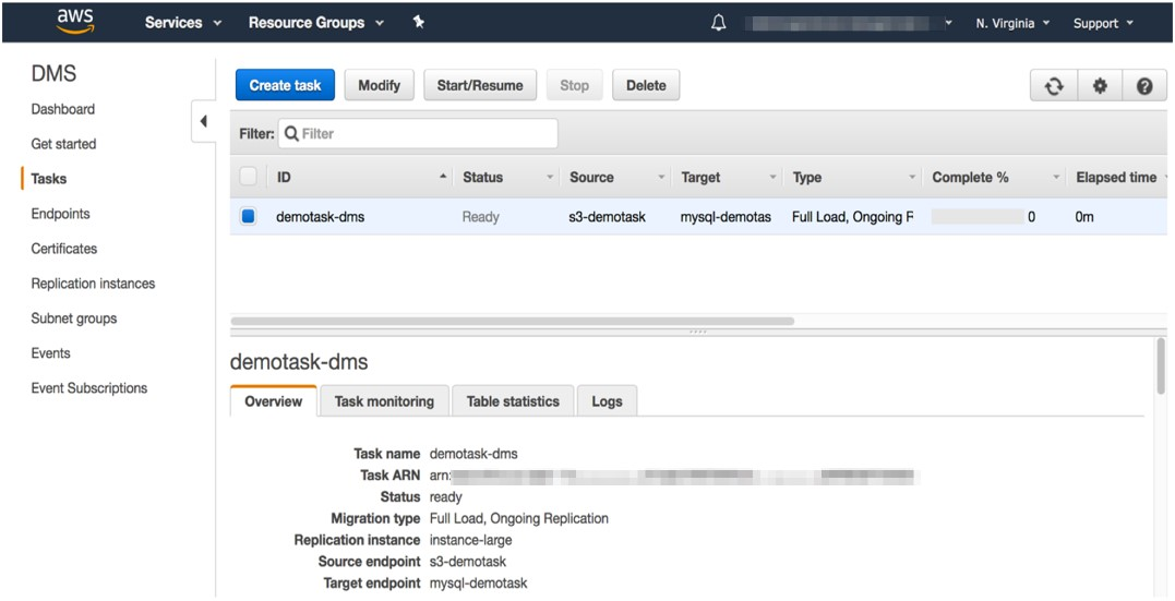 As a result, two tasks are created, which you can see in the AWS SCT UI and DMS console (2)