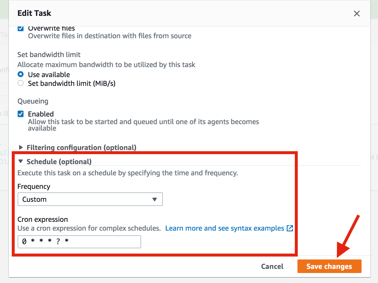 Choose Custom if you want to use a custom cron expression to run your task, enter your expression in the Cron expression box, and choose Save changes