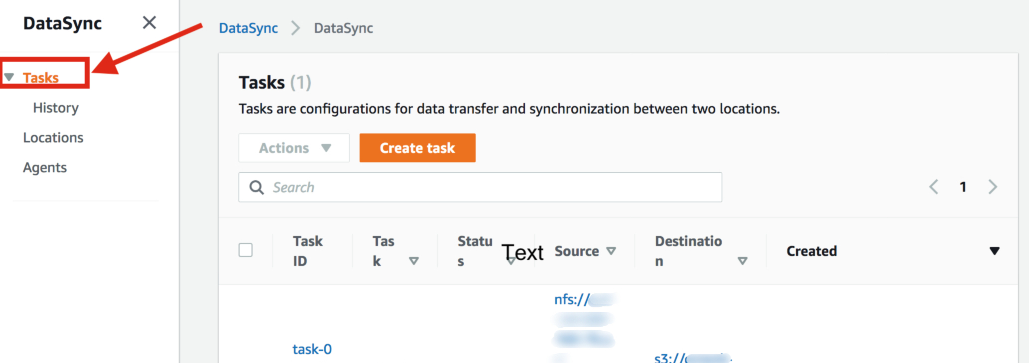 Choose Tasks from the DataSync menu