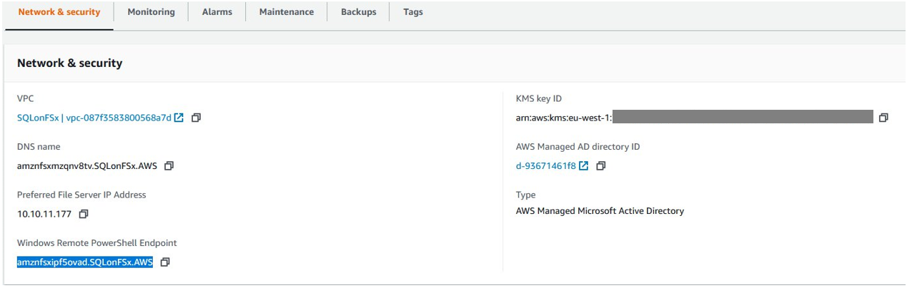 Amazon FSx コンソールでファイルシステムを選択し、お使いのファイルシステムの Windows リモート PowerShell エンドポイント名を特定します