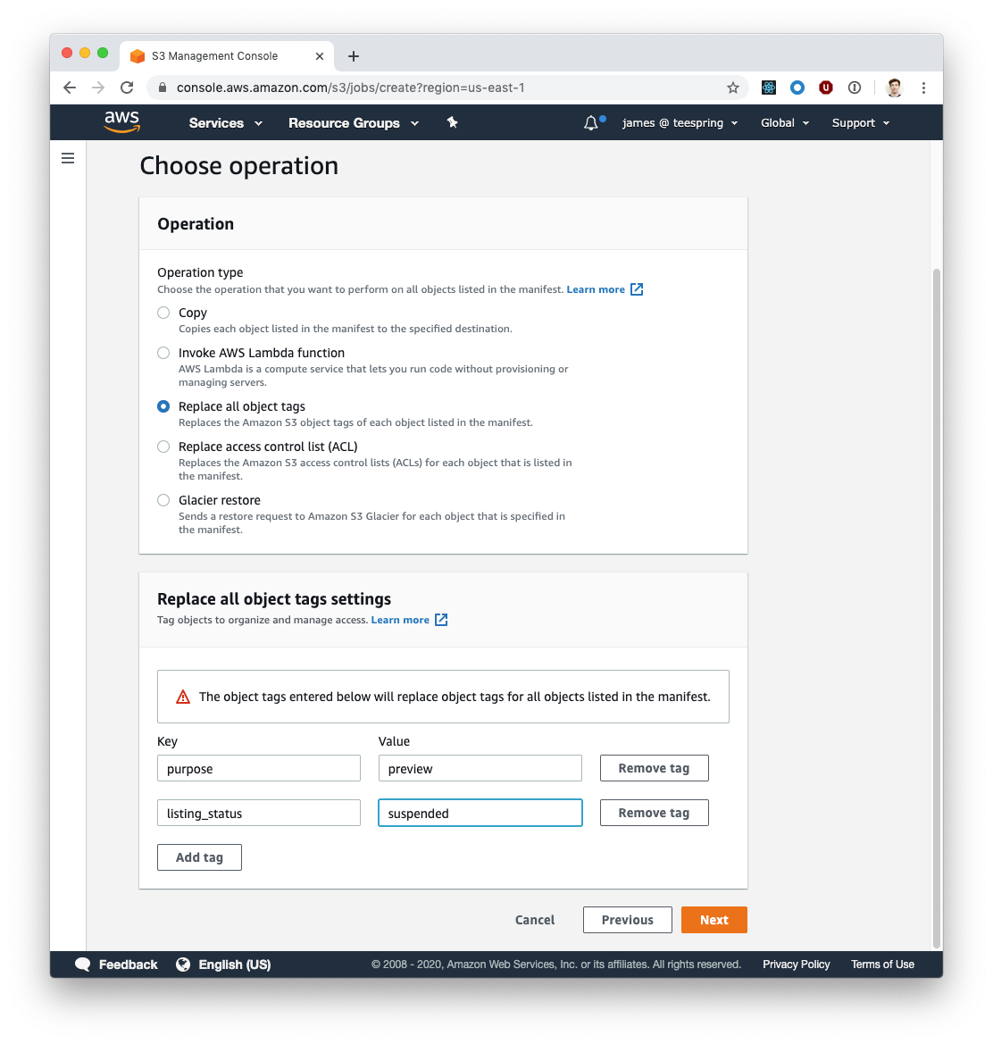 Choose operation type and replace all object tag settings