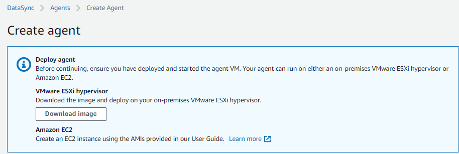 AWS provides two options for deploying the agent, either a VMware image or an EC2 image. For migrations from an on-premises environment, download the VMware image.