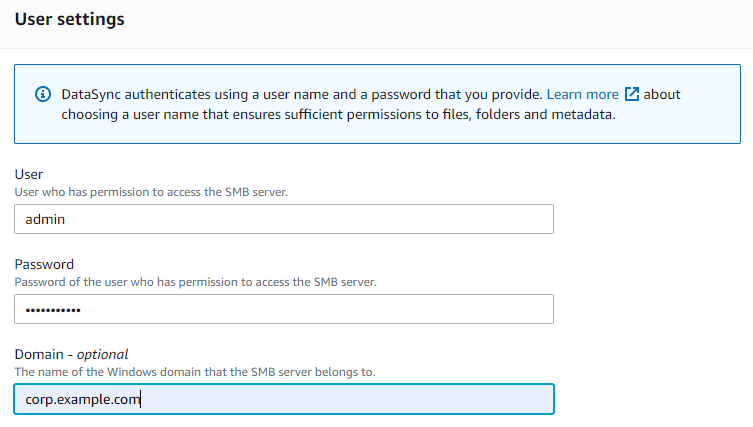 Next, specify the credentials of a user that has rights to read the data from the source location