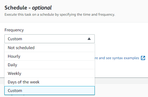 On the Schedule option, show in the following screenshot, you can specify when you want the AWS DataSync task to run.