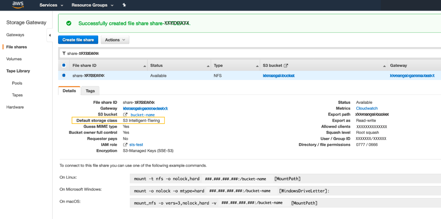 After you have created the file share with S3 Intelligent-Tiering as the storage class for new objects, you will see the following in the file share Details tab
