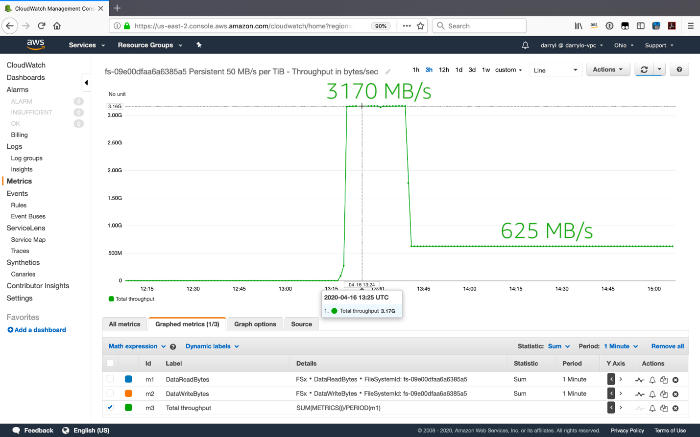 For a short period of time the file system delivered a consistent 3170 MB ss of variable network throughput followed by a steady 625 MB s of baseline network throughput.