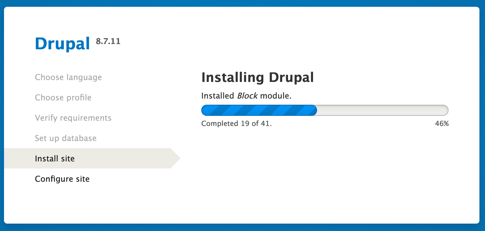 Once the Save and continue option is selected, Drupal begins installation.
