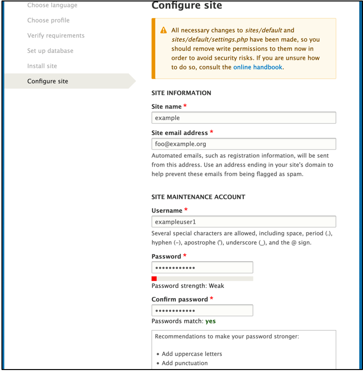 The next screen will prompt you to configure the new site and ask you for a new Drupal user that has the right to edit the new site.