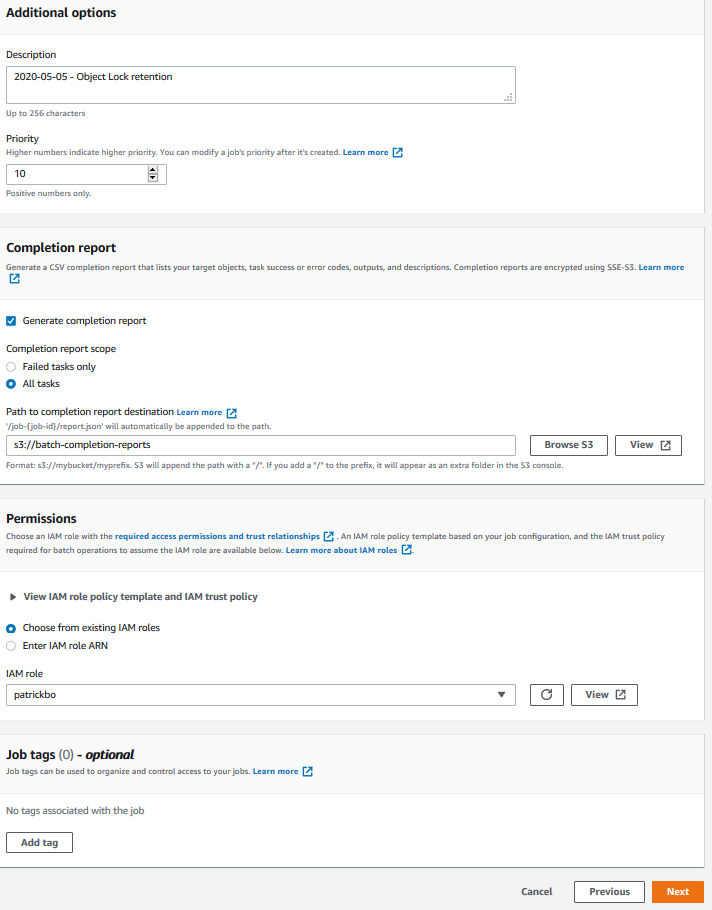 Additional options - completion report - permissions - job tags
