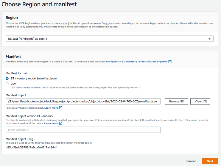 Choose Region and manifest