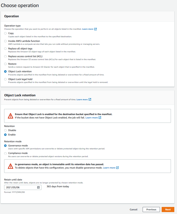 Choose operation - Object Lock retention