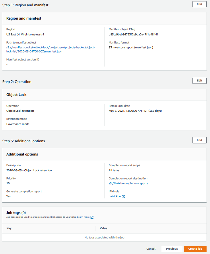 Finally, I review my job validating my Region and manifest, the retention mode and retain until date values, and any additional options (2)