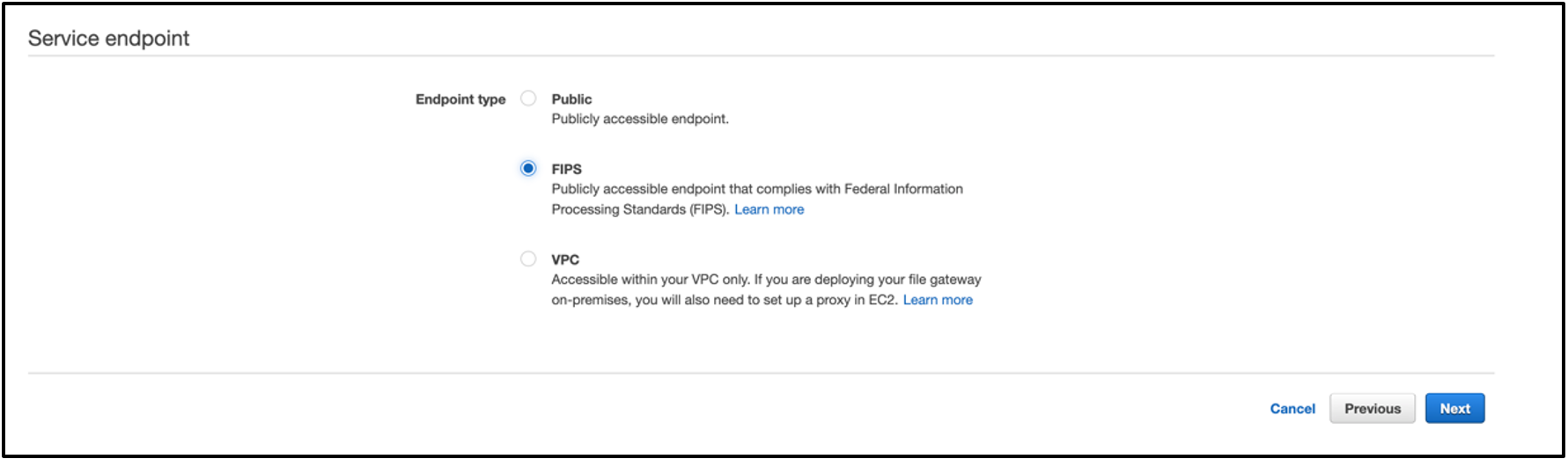 To use this new capability, choose the FIPS endpoint option when creating your Storage Gateway in the AWS Console