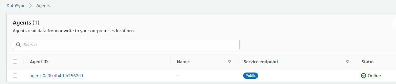 Once the DataSync agent registers successfully, you should see it listed in the console