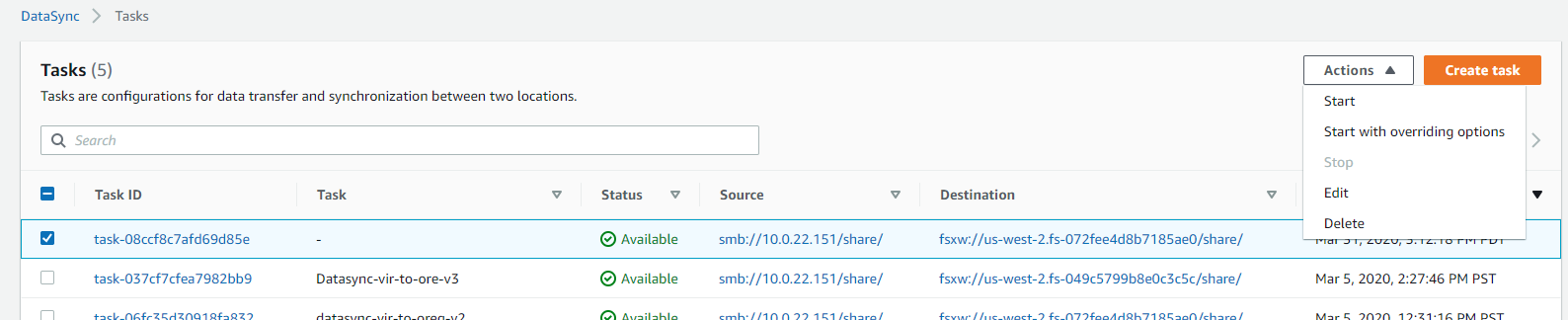 Once you have specified the task setting and created the DataSync task, it then runs on the schedule that you specified