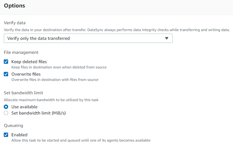Set the DataSync task settings