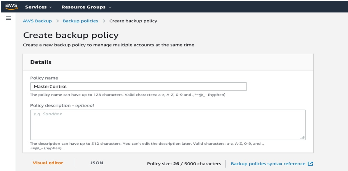 Create a backup plan with the resource selection, via either the Visual Editor or by inserting a JSON template.