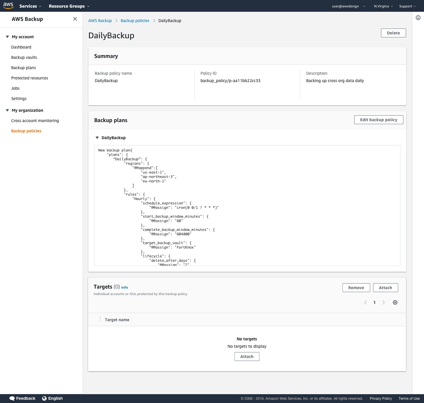 From the backup policy detail page, you can attach your policy to individual accounts, OUs, or your entire organization. Select Attach in the Targets section at the bottom of the page.