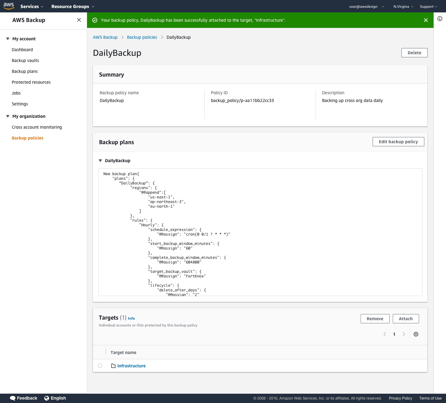 Once your policy is attached to a target, the backup plan you created in your backup policy is automatically added to accounts in your selection.