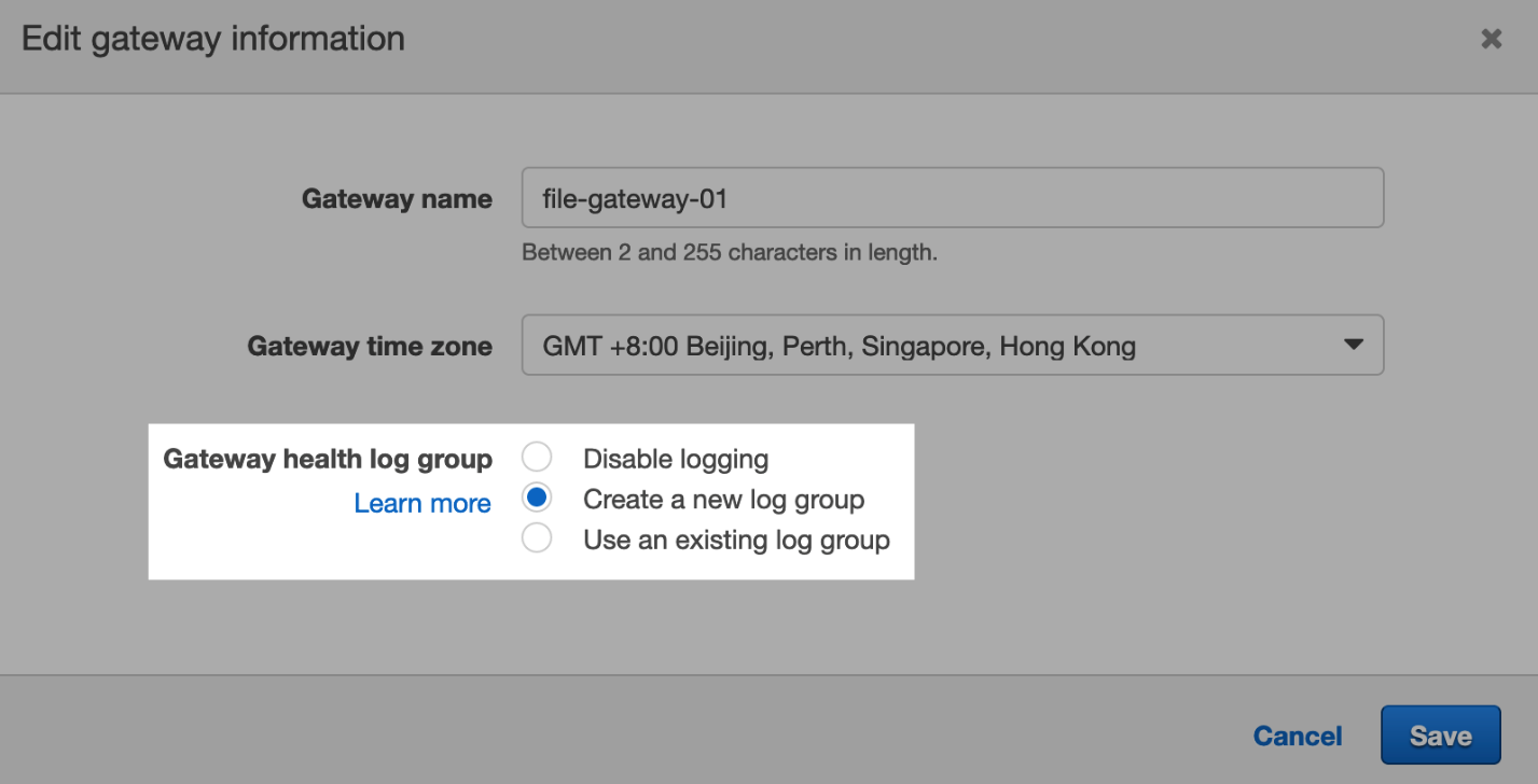 Select Create a new log group to create a new log group to use for logging