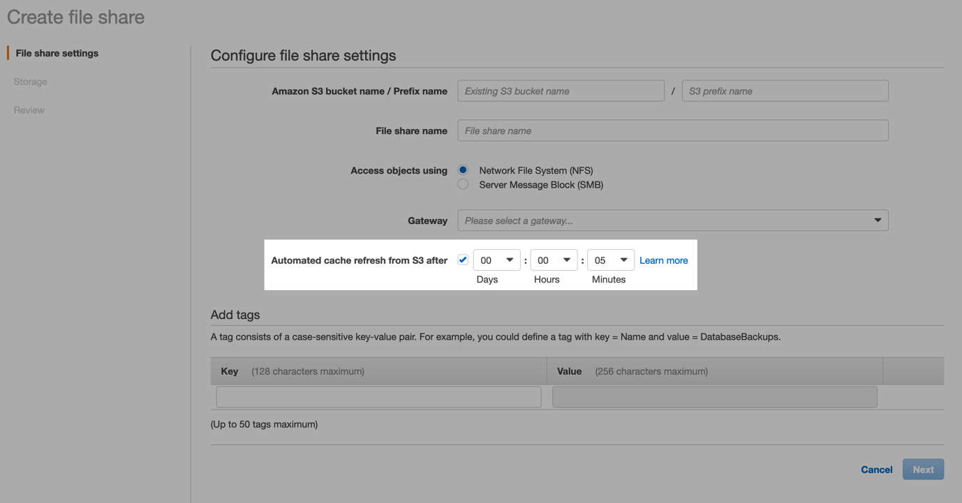 If you’re creating a new file share, you’re able to add the automated cache refresh value during configuration.
