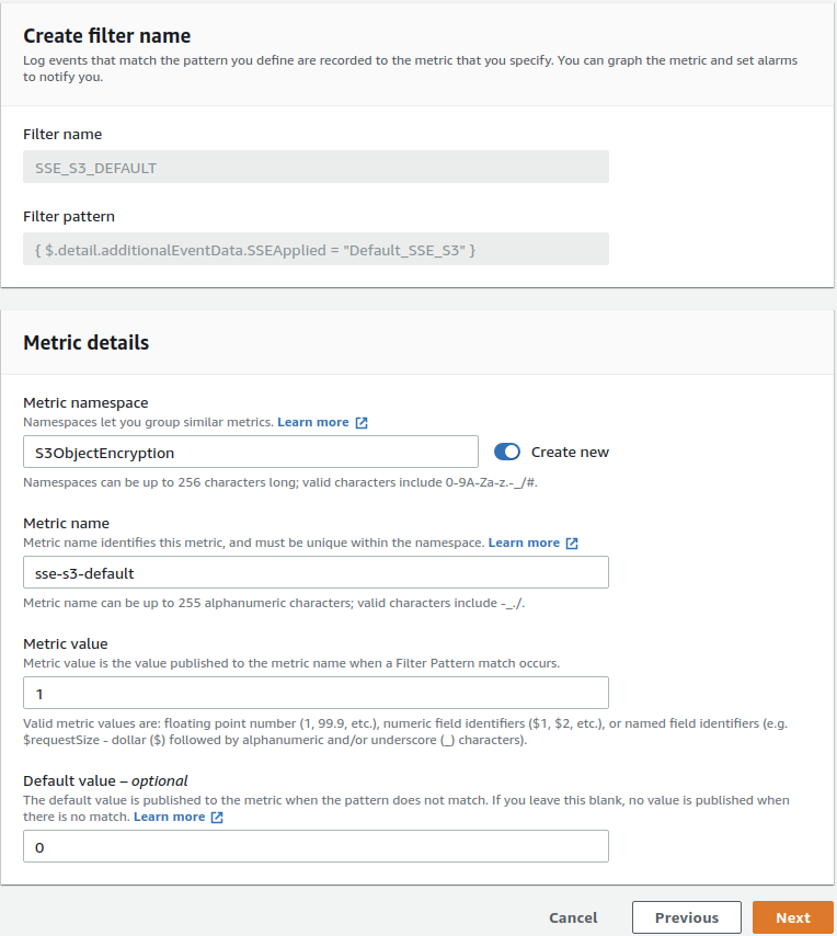 Screenshot is an example of what the CloudWatch console will look like with these metric filter fields filled in - metric filter1