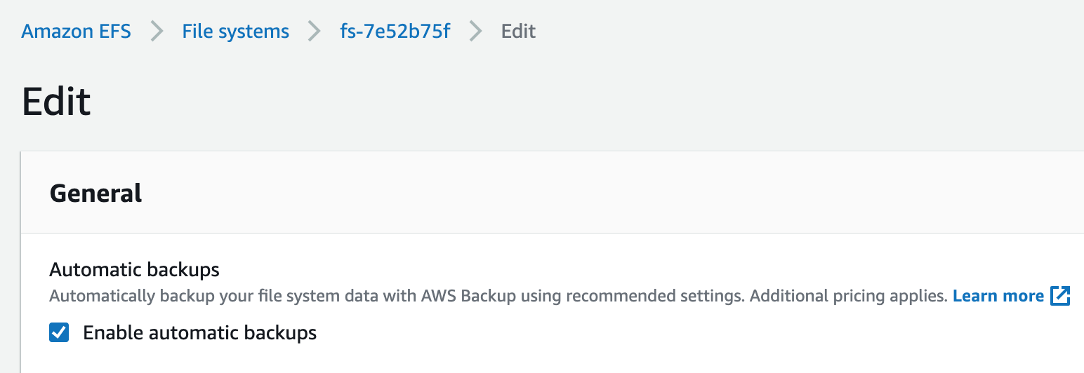 Enabling automatic backups for your file systems in the EFS Console