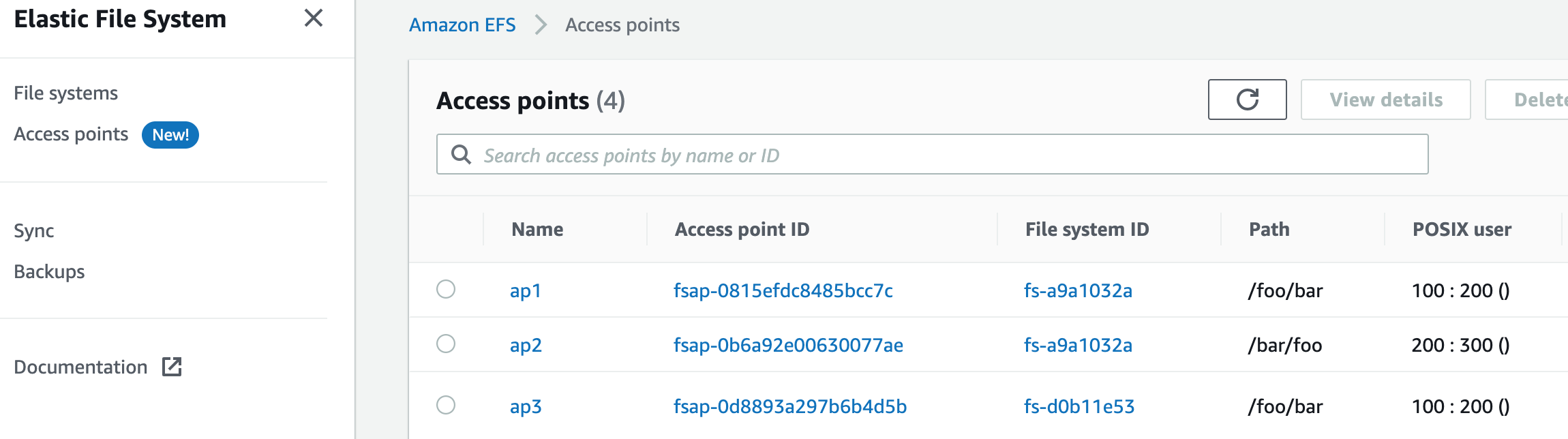 You now have an Access points-specific view for managing access points across your file systems.
