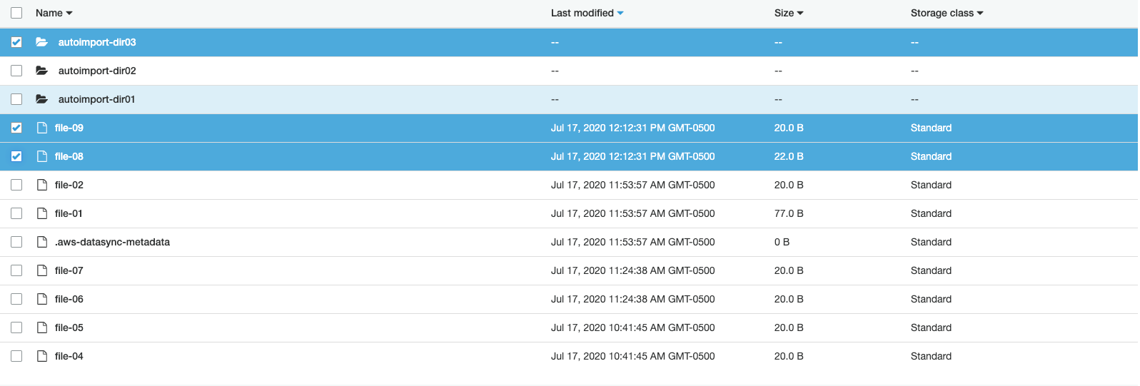 Next, I have uploaded two new files “file-08,” “file-09,” and a directory “autoimport-dir03” to our S3 bucket.