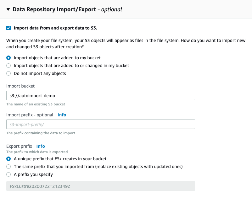 You can also use the AWS Management Console to configure the import preferences under the Data repository Import-Export settings at file creation