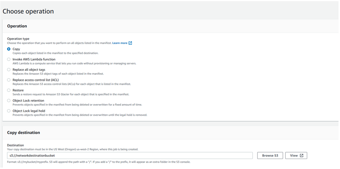 Under Choose operation, select copy, and under Copy destination, enter the path to the bucket in the destination account wher eyou want to copy the objects.